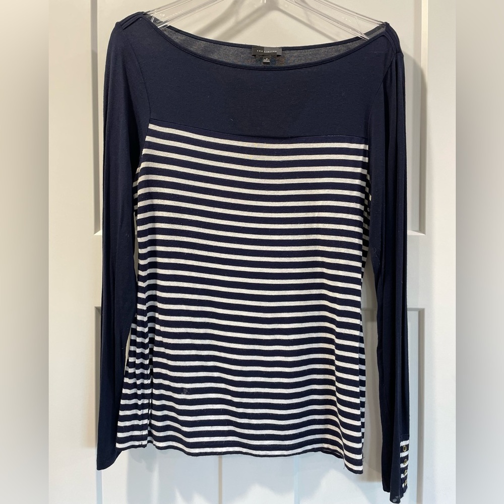 Long sleeve navy blue and white striped boat neck top